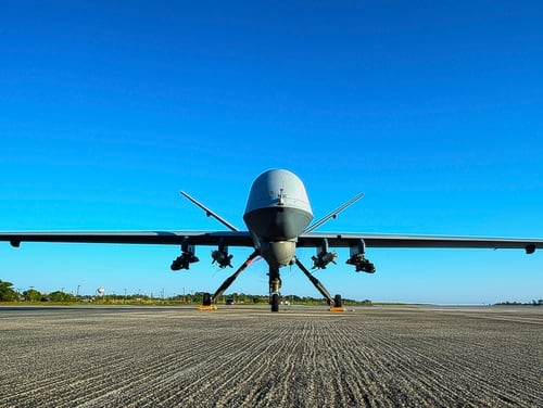 An MQ-9 Reaper sits on the flight line at Hurlburt Field Fla., May 3, 2014.The MQ-9 Reaper is an armed, multi-mission, medium-altitude, long-endurance remotely piloted aircraft that is employed primarily as an intelligence-collection asset and secondarily against dynamic execution targets.(U.S. Air Force photo illustration/Staff Sgt. John Bainter)