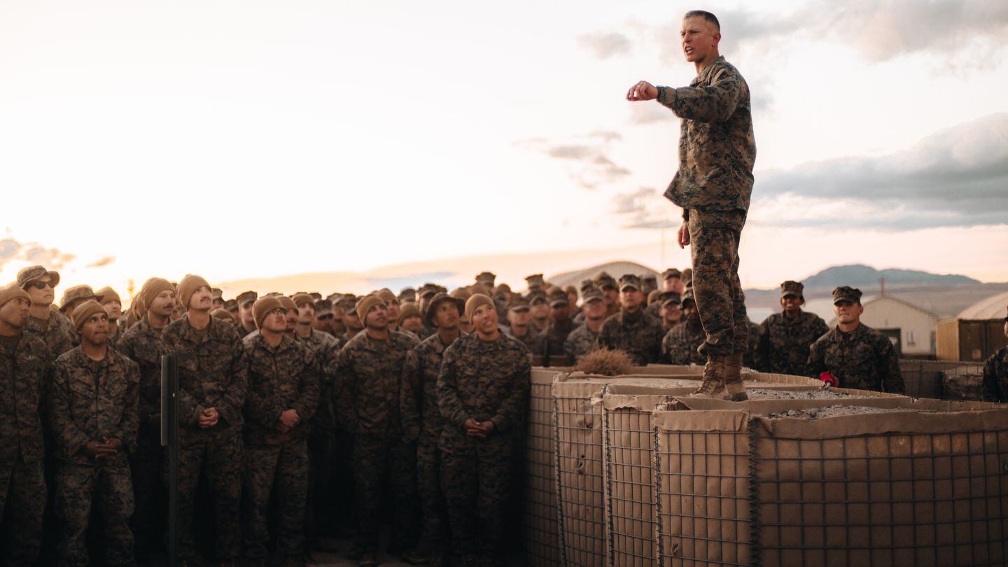 U.S. Marine Corps Col. Timothy Brady Jr, who leads the 3rd Marine Littoral Regiment, gives a speech during training at Twentynine Palms, Calif., on Feb. 27, 2023. (Sgt. Patrick King/U.S. Marine Corps)