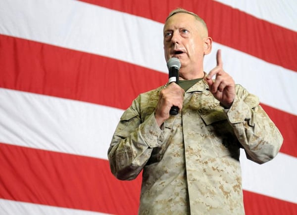 110715-N-QL471-020 ARABIAN GULF (July 15, 2011) Gen. James N. Mattis, Commander, U.S. Central Command, speaks to the crew of USS George H.W. Bush (CVN 77) during an all hands call. George H.W. Bush is deployed in support of maritime security operations and theater security cooperation efforts in the U.S. 5th Fleet area of responsibility on its first operational deployment. (U.S. Navy photo by Mass Communication Specialist 3rd Class Billy Ho/Released)
