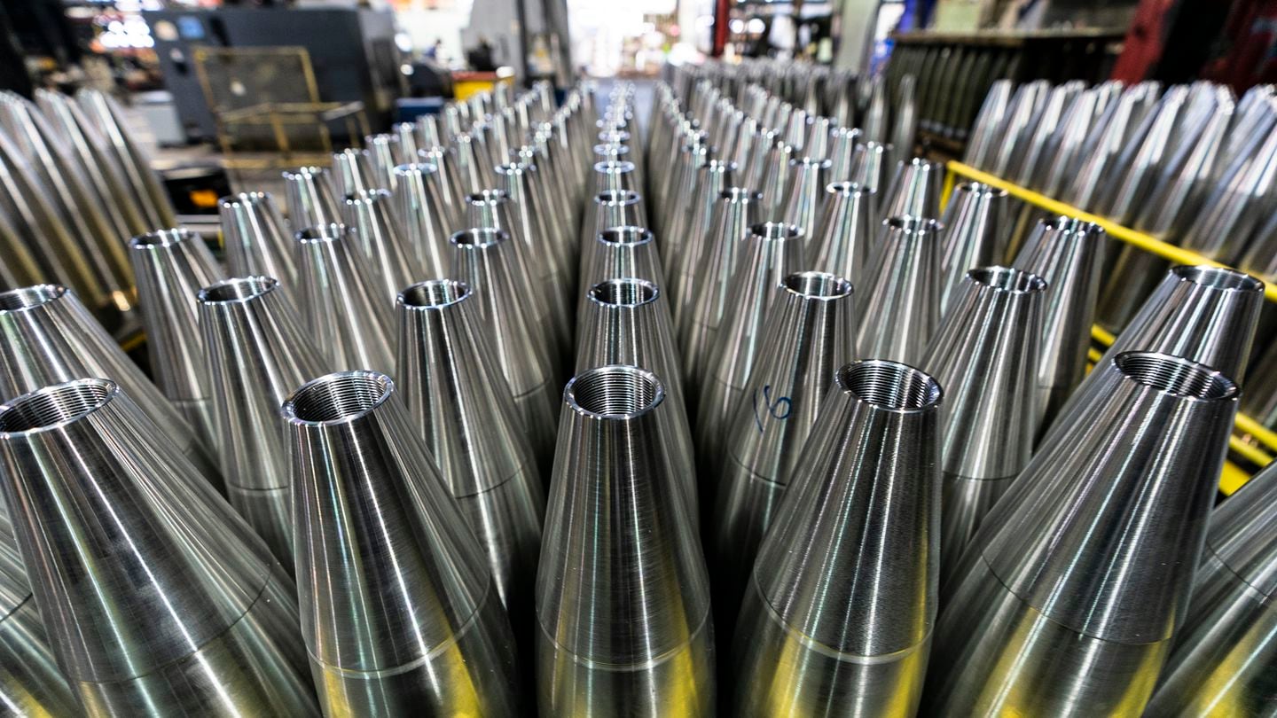 Several 155mm artillery projectiles are stored during a manufacturing process at the Scranton Army Ammunition Plant in Pennsylvania on April 13, 2023. (Matt Rourke/AP)