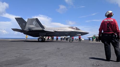 An F-35C maneuvers after landing on the flight deck of the carrier Abraham Lincoln, operating off the coast of Virginia. (Staff photo by David B. Larter)