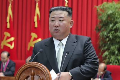 In this photo provided by the North Korean government, North Korean leader Kim Jong Un gives a lecture at the Central Cadres Training School in North Korea on Oct. 17, 2022.
