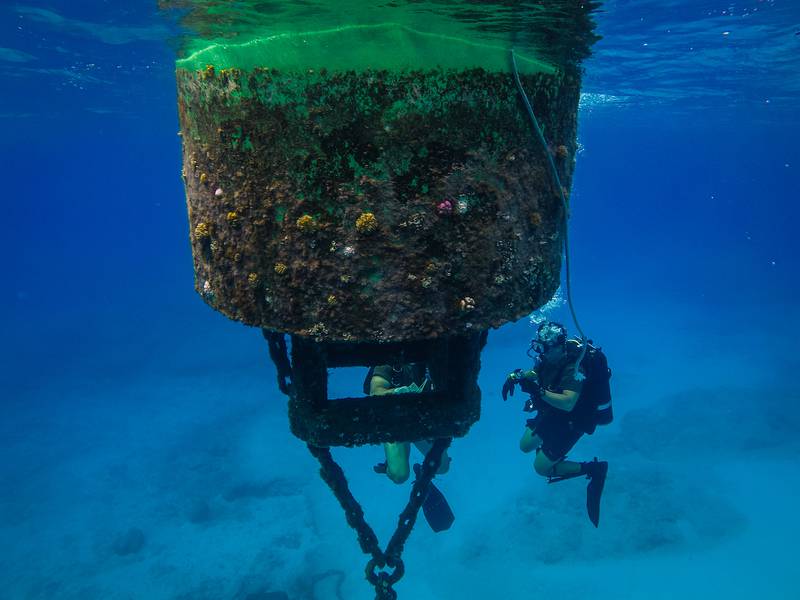 Steel Worker 3rd Class Andrew Cuellar, assigned to Underwater Construction Team (UCT) 2, Construction Dive Detachment Alfa, inspects a buoy within the Tinian Harbor on Oct. 1, 2020.