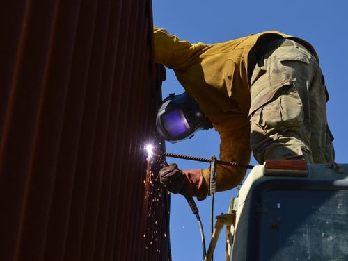 An engineer welds rebar on the border wall in Sasabe, Ariz., Feb. 7, 2019. (Sgt. 1st Class TaWanna Starks/Army)