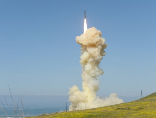 The 'lead' Ground-based Interceptor is launched from Vandenberg Air Force Base, Calif., March 25, 2019, in the first-ever salvo engagement test of a threat-representative ICBM target. The two GBIs successfully intercepted a target launched from the Ronald Reagan Ballistic Missile Defense Test Site on Kwajalein Atoll. (Photo courtesy of Missile Defense Agency)