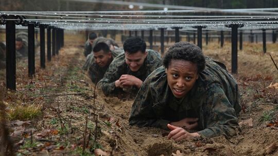 Marines from Corporals Course 615-20 with Combat Instructor Battalion go through the NATO standardized obstacle course at Marine Corps Base Quantico, Va., Feb. 13, 2020. (Sgt. Ann K. Correa/Marine Corps)