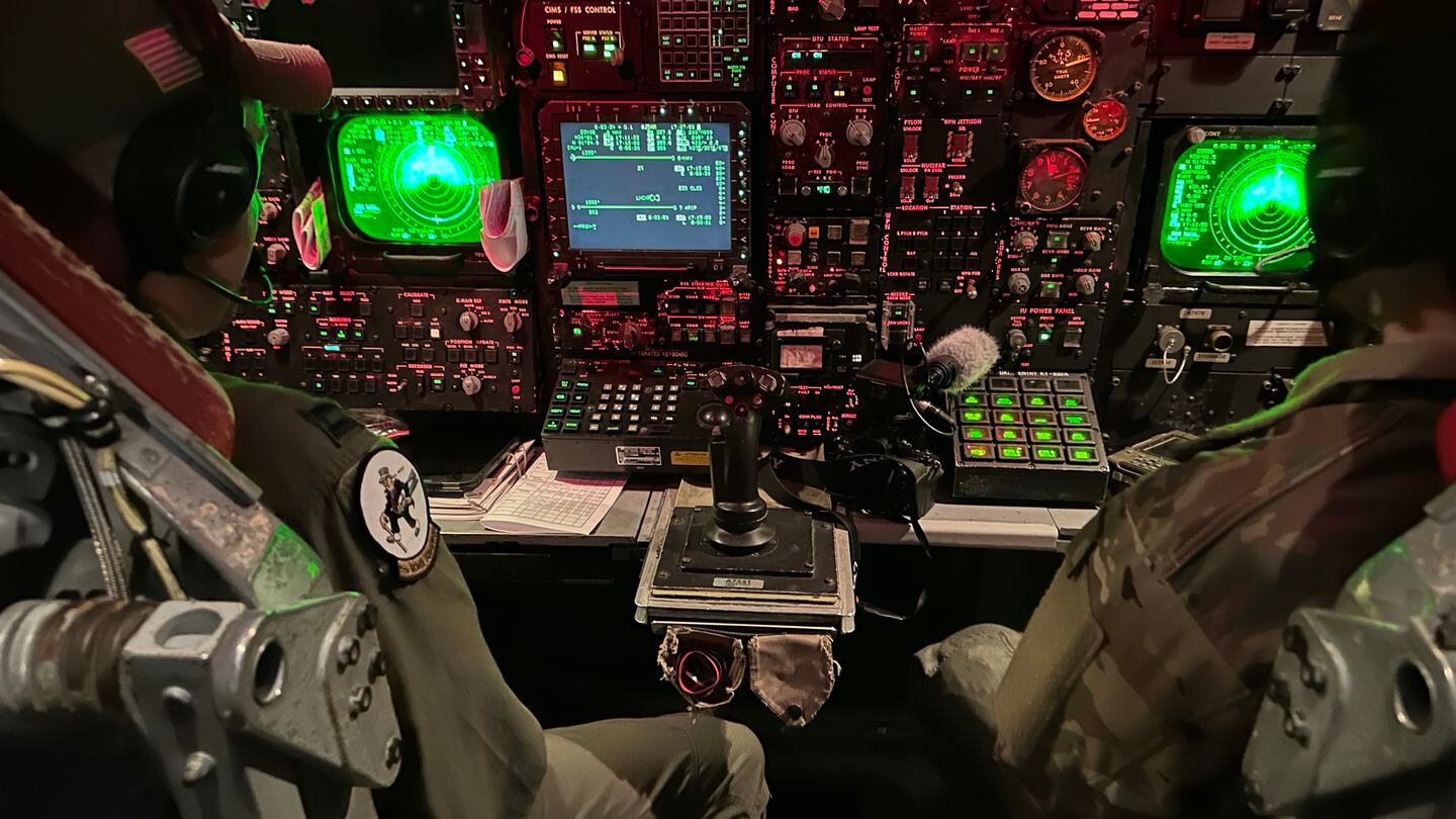 The weapon systems officer station on a B-52 Stratofortress contains an array of instruments that control where it will drop its bombs. (Stephen Losey/Staff)