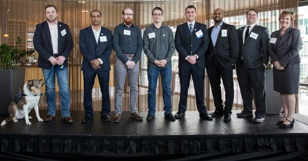 A group of Apprenti participants pose in 2017 before they embark on their one-year apprenticeships with Amazon's web-services division. (Photo provided by Apprenti)