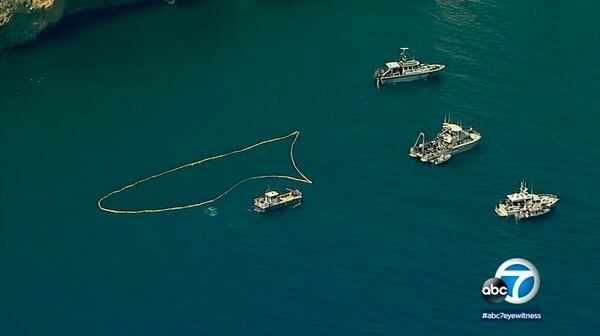 This image made from video provided by KABC-TV shows the outlined search area where divers on Tuesday searched the wreckage of the sunken dive boat Conception. (KABC-TV via AP)