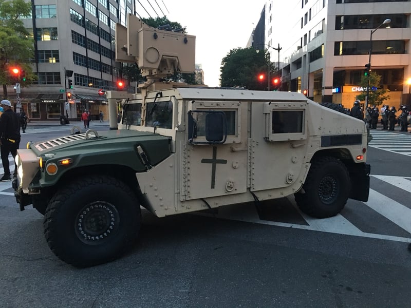 A D.C. National Guard Humvee parked near the intersection of 16th St. N.W. and K St. Howard Altman photo.