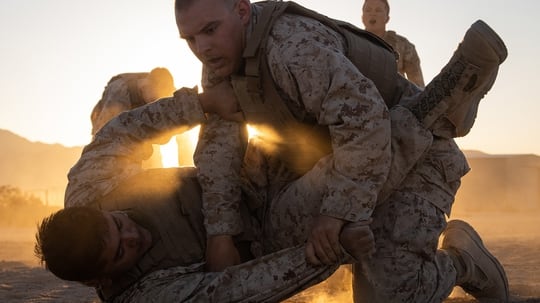 Cpl. Douglas Bunea, right, grapples with Cpl. Javier Flores while participating in a Marine Corps martial arts program course during Integrated Training Exercise (ITX) 5-19 at Marine Corps Air Ground Combat Center, Twentynine Palms, Calif., Aug. 15, 2019. (Cpl. Cody Rowe/Marine Corps)