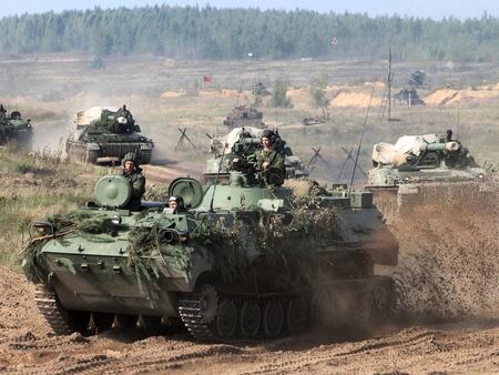 Belarusian army vehicles drive preparing for the Zapad war games. (Vayar Military Agency photo via AP)