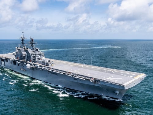 The Ingalls-built future amphibious assault ship Tripoli sails the Gulf of Mexico during builder’s trials held in July. Launched at Huntington Ingalls Industries' shipyard in Pascagoula, Miss., on May 1, 2017, Tripoli incorporates an enlarged hangar deck, enhanced maintenance facilities, increased fuel capacity and additional storerooms to optimize aviation capabilities. (Derek Fountain/HII)