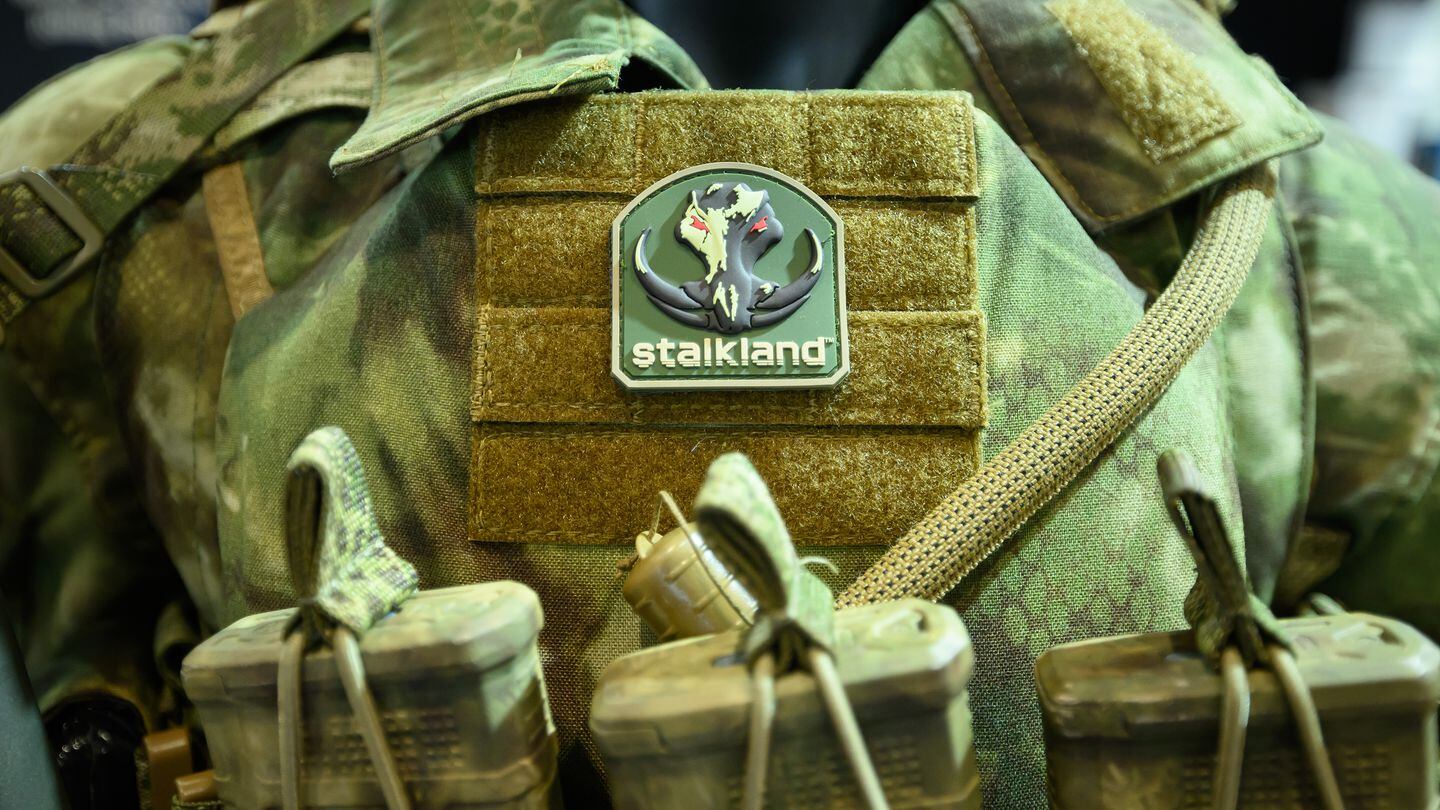 The StalkLand logo is on the newly designed camouflage pattern that the company is looking to bring to market, during the DSEI fair on Sept. 13, 2023. (Leon Neal/Getty Images)