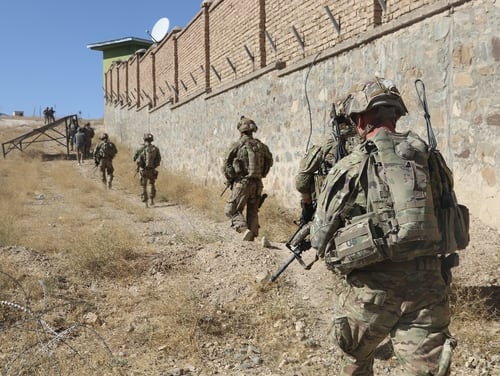 Soldiers conduct security following an advise-and-assistance mission Sept. 17, 2019, in southeastern Afghanistan. (Master Sgt. Alejandro Licea/Army)