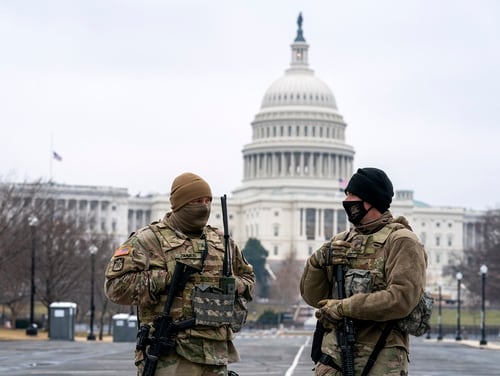 Members of the National Guard patrol the area outside of the U.S. Capitol on the third day of the second impeachment trial of former President Donald Trump, on Feb. 11, 2021. (Jose Luis Magana/AP)
