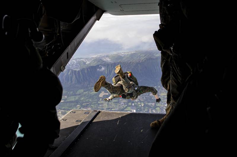 A U.S. Marine jumps during airborne operations Feb. 9, 2021, at Marine Corps Training Area Bellows, Hawaii.