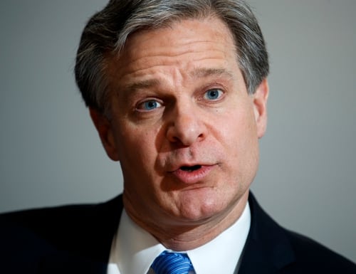 In this Dec. 9, 2019, photo, FBI Director Christopher Wray speaks during an interview with The Associated Press in Washington. Wray is delivering the keynote address at a conference on cybersecurity on Wednesday, March 4, 2020, at Boston College. (Jacquelyn Martin/AP)