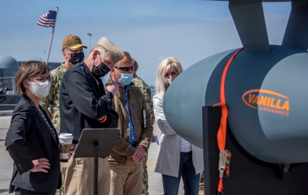 Chief of Naval Research Rear Adm. Lorin Selby attends Unmanned Integrated Battle Problem 21 at Naval Base San Diego on April 16, 2021. (MC2 Natalie Byers/U.S. Navy)