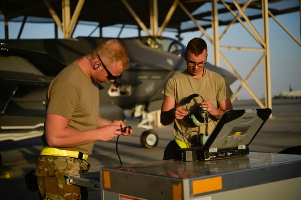 U.S. airmen from the 380th Expeditionary Aircraft Maintenance Squadron prepare to launch an F-35A at Al Dhafra Air Base, United Arab Emirates, on April 24, 2019. F-35 maintainers use the Autonomic Logistics Information System to monitor the health of the jet. (Staff Sgt. Chris Drzazgowski/U.S. Air Force)