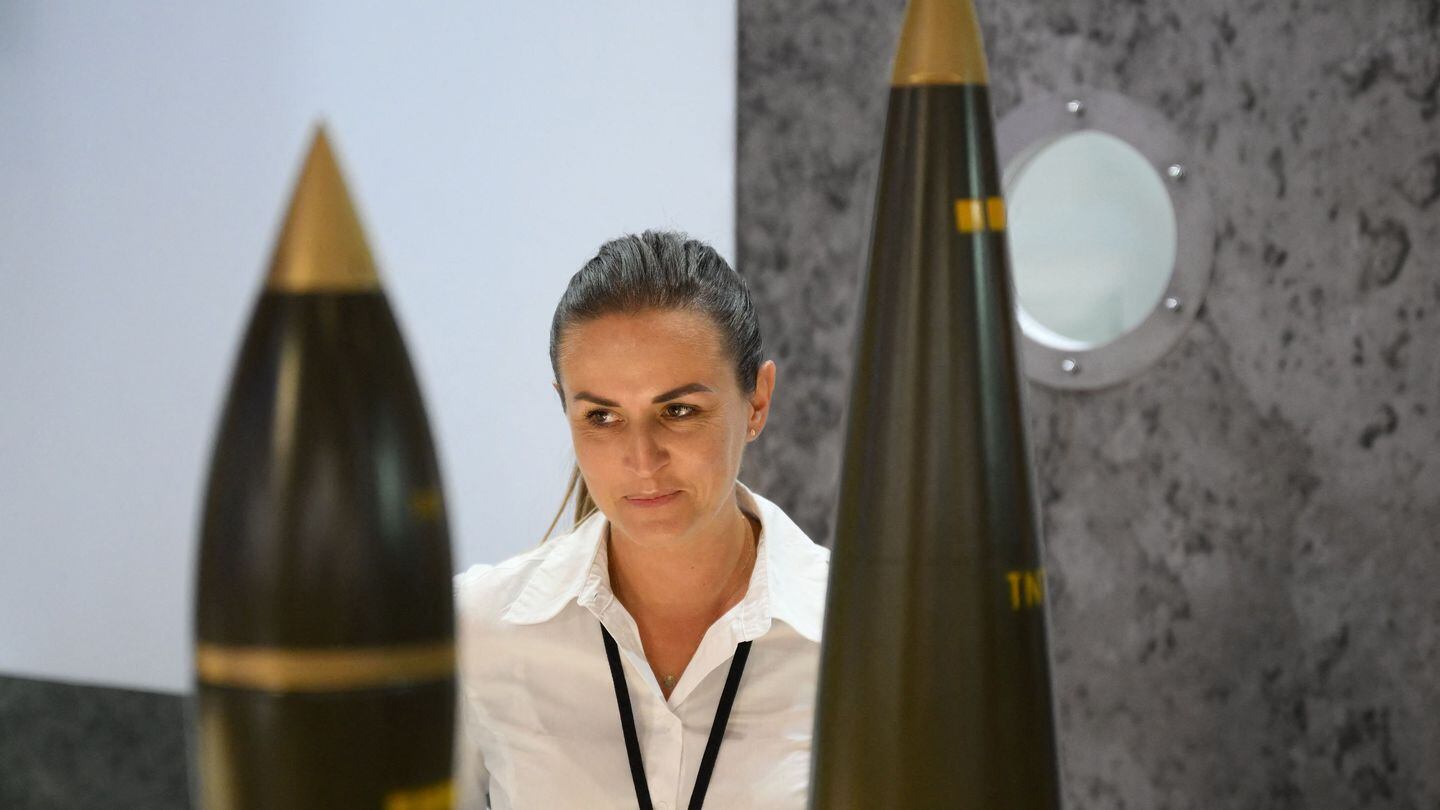 A visitors looks at missiles during the DSEI trade show on Sept. 12, 2023, in London. (Daniel Leal/AFP via Getty Images)