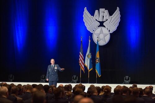 Gen. David Goldfein, Chief of the Air Force, talks during the Air Force Association Air, Space, and Cyber Conference at National Harbor Gaylord Convention Center in , MD, on Sept. 20, 2016. This year's conference kicks off Monday, which also happens to be the Air Force's 70th birthday. (Alan Lessig/Staff)