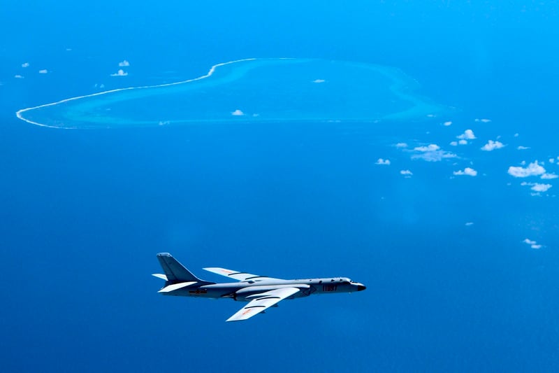 A Chinese H-6K bomber patrols the islands and reefs in the South China Sea in this undated photo. (Liu Rui/Xinhua via AP)