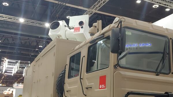 The Poly Defence Silent Hunter laser system at IDEX 2019. (Jeff Martin/Staff)