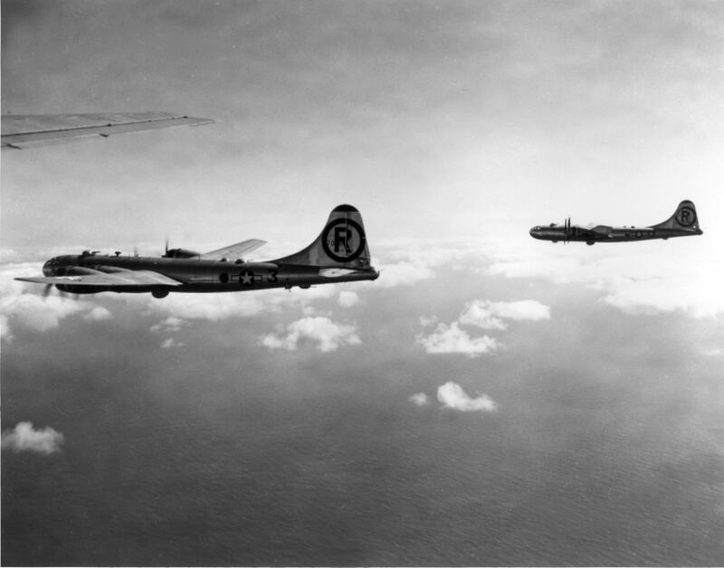 B-29s in flight off of Tinian during World War II. (Bill Webster/6th Bomb Group Association)