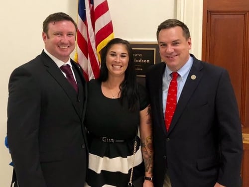 Sgt. 1st Class Rich Stayskal, left, with his wife, Megan, and Rep. Richard Hudson, R-Concord. Stayskal was diagnosed with stage four lung cancer months after Army doctors at Fort Bragg, N.C., allegedly told him he was fine. (Photo courtesy of Rich Stayskal)