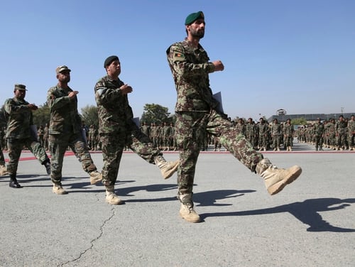 Newly graduated Afghan National Army march during their graduation ceremony after a 3-month training program at the Afghan Military Academy in Kabul, Afghanistan, Sunday, Oct. 13, 2019. (Rahmat Gul/AP)