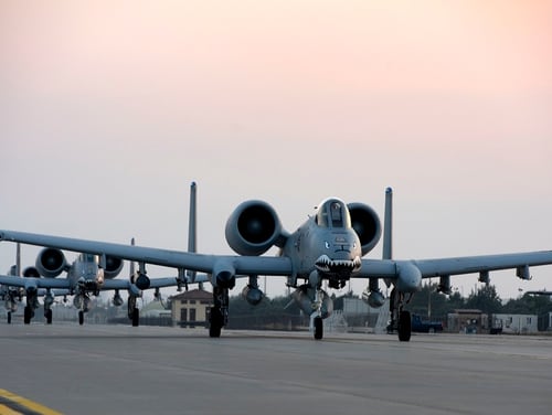 Three U.S. Air Force A-10 Thunderbolt IIs taxi along the flightline at Incirlik Air Base, Turkey, in July 2017. (Airman 1st Class Kristan Campbell/Air Force)