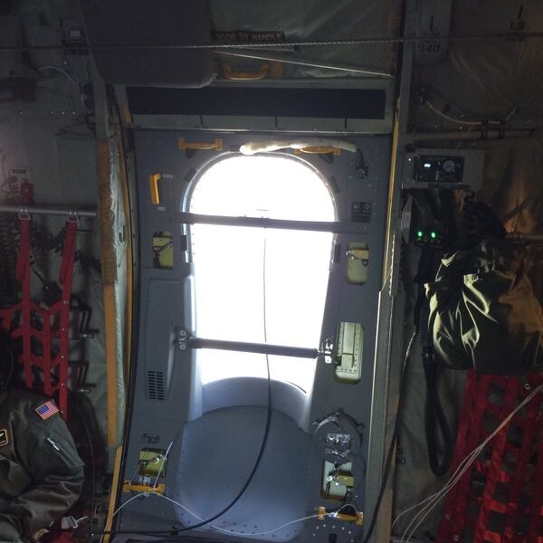 The interior of a C-130J, as seen during a 2015 test at Hurlburt Field. The door was outfitted with special sensing equipment that allows it to monitor nuclear particles, which was operated by a WC-135 crew. (Quinton McGuire)
