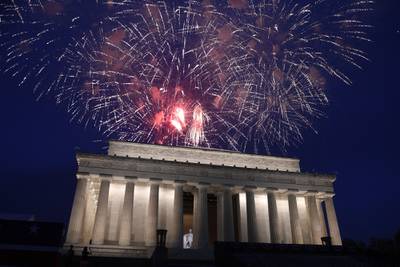 In this July 4, 2019, file photo, fireworks go off over the Lincoln Memorial in Washington on July 4, 2019.