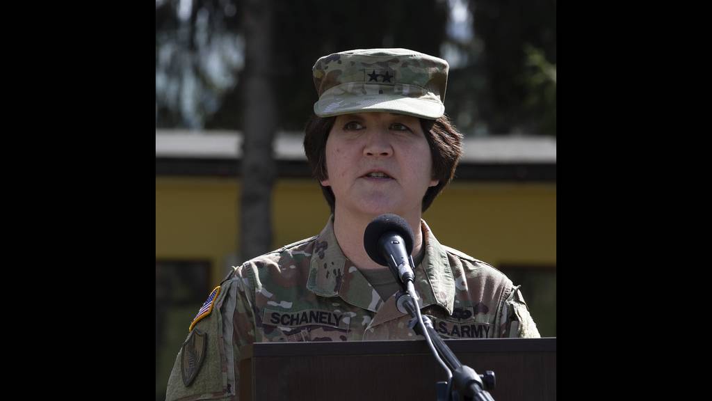 U.S. Army Maj. Gen. Miyako Schanely, commanding general of the 416th Theater Engineer Command, addresses attendees during the opening ceremony of Resolute Castle 2019 at Cincu Joint National Training Center, Romania, April 24, 2019.
