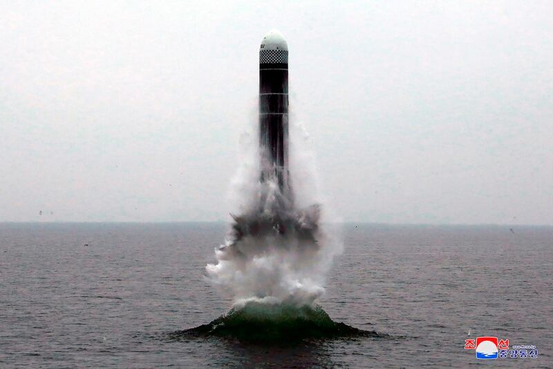 In this Oct. 2, 2019, file photo provided by the North Korean government, an underwater-launched missile lifts off in the waters off North Korea's eastern coastal town of Wonsan, North Korea. (Korean Central News Agency/Korea News Service via AP, File)