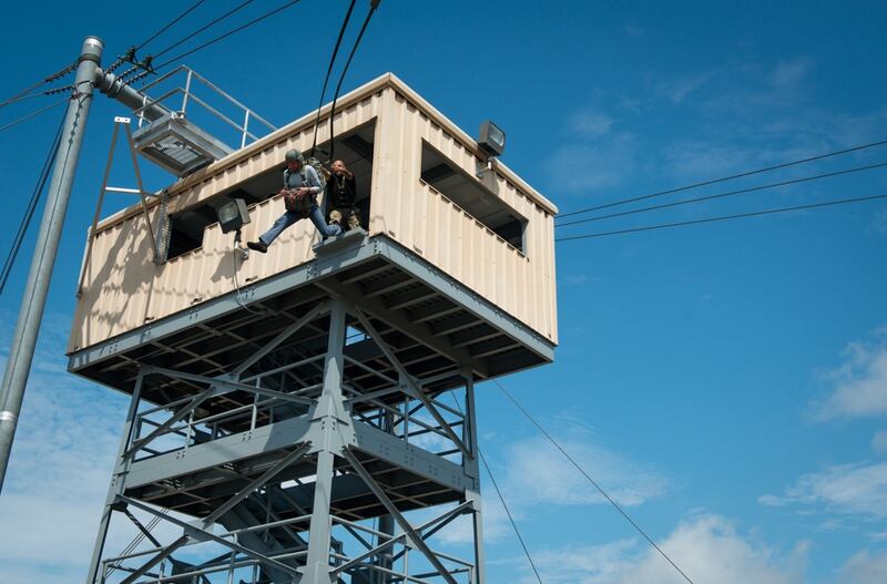 Eric K. Fanning, acting under secretary of the Army, experiences firsthand the exhilaration and terror of exiting the 34-foot tower at Advanced Airborne School on Fort Bragg, N.C., Aug. 11. The 34-tower is utilized in airborne training to help refine the first point of performance in any successful airborne operation, a strong and vigorous exit from an aircraft in flight. Fanning visited the post to observe both conventional and special operations capabilities first hand and to discuss concerns of the individual soldiers and commanders. Fort Bragg is the home of the nation's premier rapid deployment ground force, capable of deploying with little to no-notice anywhere in the world in 18 hours. (U.S. Army Photo by Staff Sgt. Charles Crail/released)
