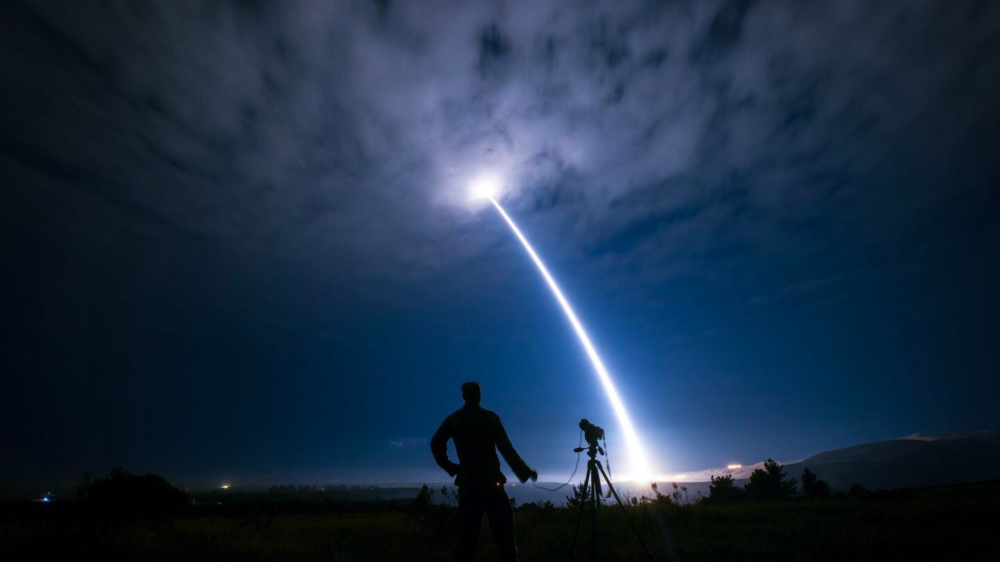 An unarmed Minuteman III intercontinental ballistic missile lifts off during an operational test in 2017 at Vandenberg Space Force Base, Calif. (U.S. Air Force photo by Senior Airman Ian Dudley)