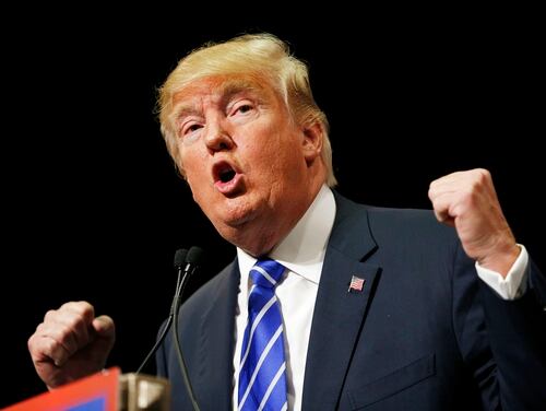 Republican presidential candidate Donald Trump speaks at a rally Thursday, Oct. 8, 2015, in Las Vegas. Trump spoke at the Treasure Island hotel and casino on the Las Vegas Strip. Trump says Army Sgt. Bowe Bergdahl should face execution for leaving his post in Afghanistan six years ago and says he is a 