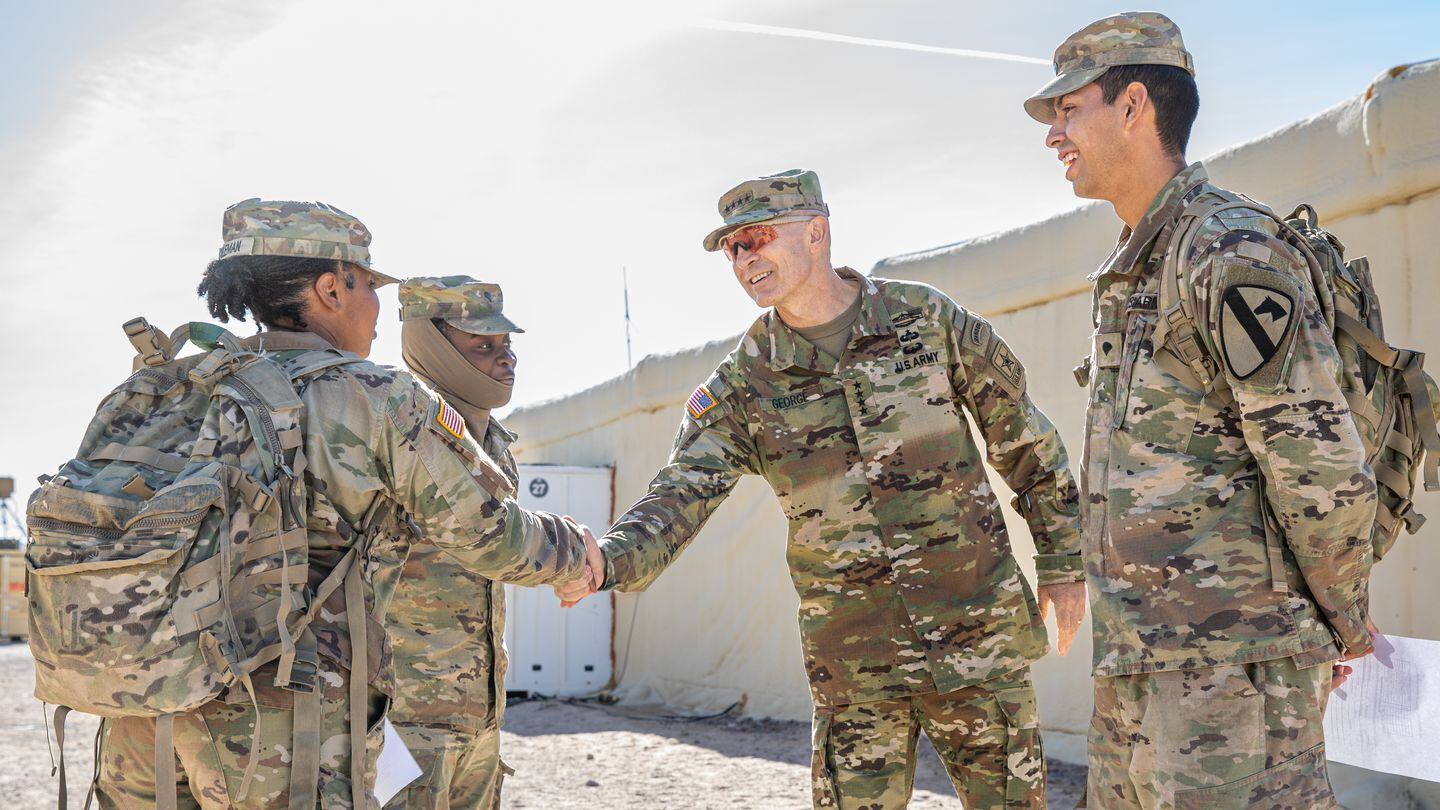 Soldiers assigned to the 15th Brigade Support Battalion, 1st Cavalry Division meet with U.S. Army Vice Chief of Staff Gen. Randy George on Nov. 4, 2022, at Fort Irwin, California. (Staff Sgt. Matthew Lumagui/U.S. Army)