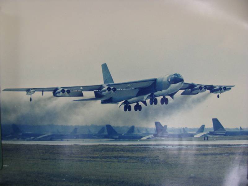 A B-52 bomber takes off from Andersen Air Force Base in support of Operation Linebacker II, the “Christmas bombings,” in December 1972.