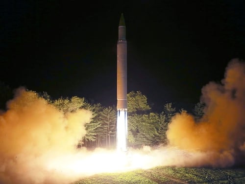 This July 28, 2017, picture released from North Korea's official Korean Central News Agency, shows North Korea's intercontinental ballistic missile Hwasong-14 being launched at an undisclosed location in North Korea. (AFP via Getty Images)