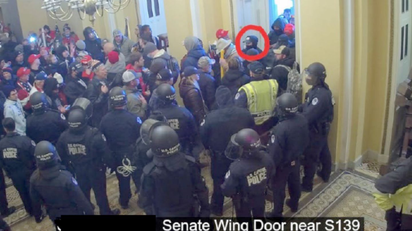 In this image from U.S. Capitol Police video, released and annotated by the DOJ, David Elizalde, circled in red, appears on security video inside the U.S. Capitol on Jan. 6, 2021. (Justice Department via AP)