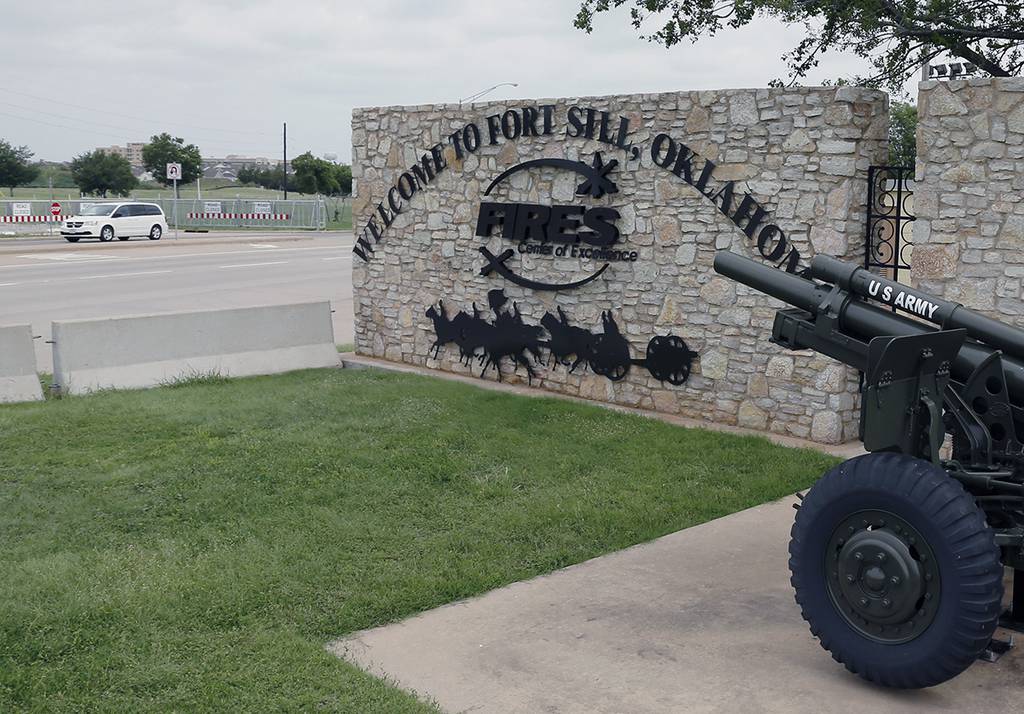A sign at Scott Gate at Fort Sill is seen in Oklahoma