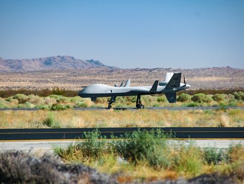 A MQ-9B Sky Guardian lands at General Atomics' facility in Gray Butte, Calif. on Aug. 16, 2017. During the flight from Yuma Proving Ground, Ariz., the Sky Guardian passed through multiple classes of airspace. (General Atomics)