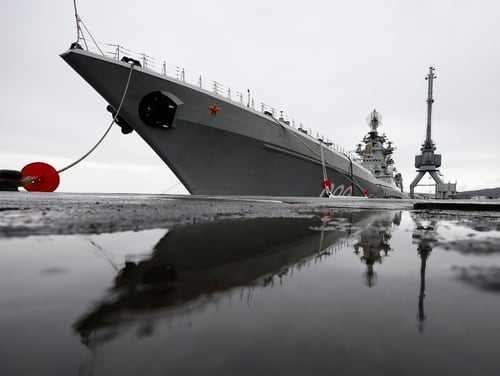 The Northern Fleet's flagship, the Pyotr Veilikiy (Peter the Great) missile cruiser, is seen at its Arctic base of Severomorsk, Russia, Thursday, May 13, 2021. (Alexander Zemlianichenko/AP)