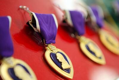 Purple Heart medals are seen at an Aug. 30, 2011, ceremony at Fort Campbell, Ky.