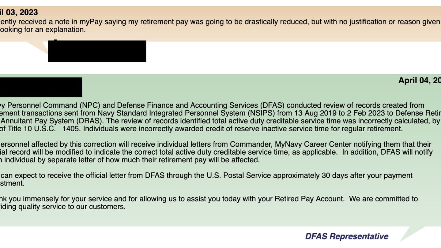 When retired Navy Cmdr. Stephanie Murdock saw her retiree pay was going to be drastically cut, she took it upon herself to sleuth around the Defense Finance Accounting Service web site and eventually got this automated answer. (Image courtesy of Stephanie Murdock)