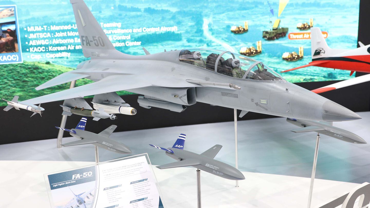By 2028, Korea Aerospace Industries hopes to have achieved a technology demonstration whereby an FA-50 will control four so-called unmanned adaptable aerial platforms. (Gordon Arthur/Staff)