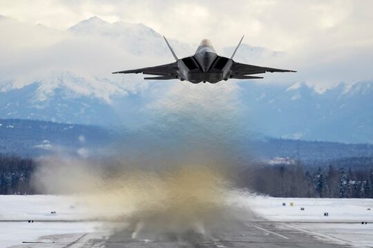 An Air Force F-22 Raptor assigned to the 3rd Wing flies over Joint Base Elmendorf-Richardson, Alaska, Feb. 27, 2018. The F-22 Raptor is the U.S. Air Force’s premium fifth-generation fighter asset. (Photo by Jamal Wilson)